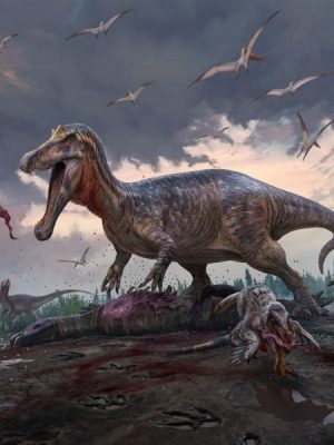 An imagined scene drawn by Anthony Hutchings. Around what is now the 'Bexhill area' but, 135 million years ago: a spinosaur seizes the carcass of an ornithopod, much to the annoyance of the smaller tyrannosaurs and dromaeosaurids.