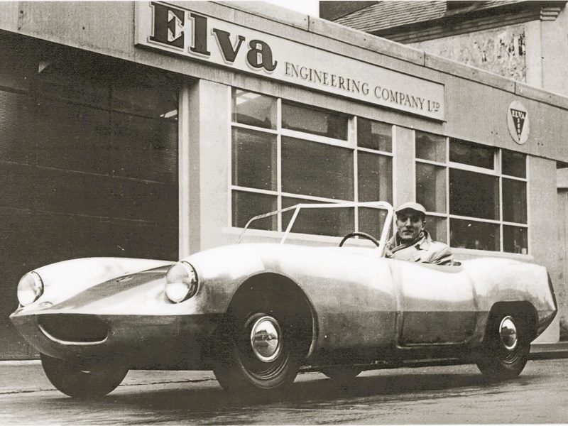 Frank Nicholls in an Elva Courier outside the Elva Garage in London Road 1958