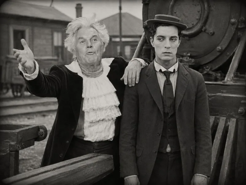 An AI generated image of Mike Hatchard as Beethoven and Buster Keaton, a frequent star of Bexhill Film Club showings.