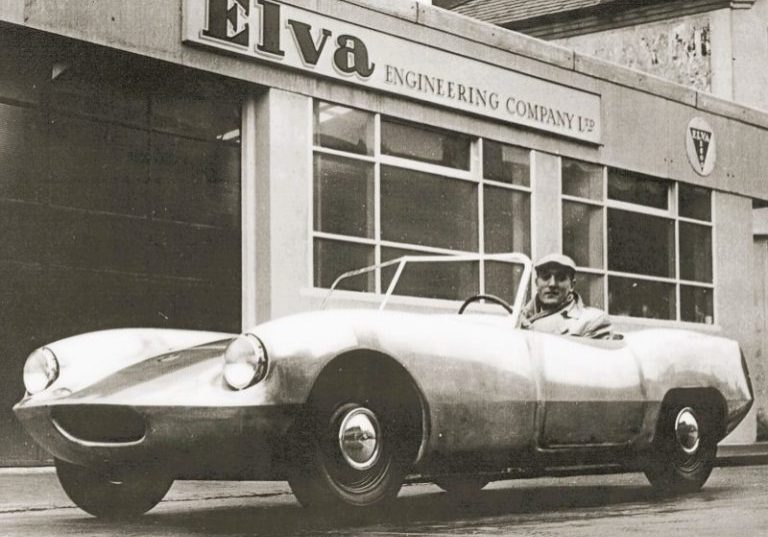 Frank Nicholls in an Elva Courier outside the Elva Garage in London Road 1958