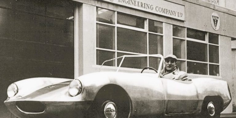 Frank Nicholls in an Elva Courier outside the Elva Garage in London Road 1958