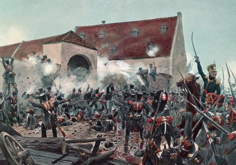 Battle of Waterloo 1815 The King German Legion's Defence of La Haye Sainte: Colour print, after water colour by Richard Knotel (1857-1914), c. 1900.