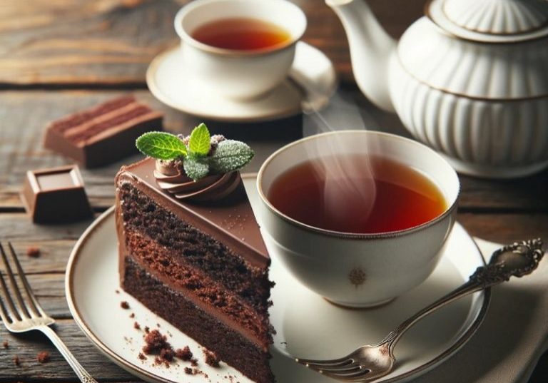 cup of tea on a wooden table A cup of tea and a slice of cake