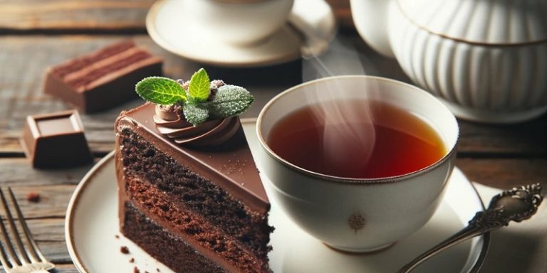 cup of tea on a wooden table A cup of tea and a slice of cake